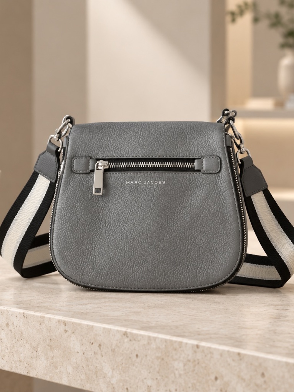 Marc Jacobs Gray Leather Crossbody with Striped Webbing Strap